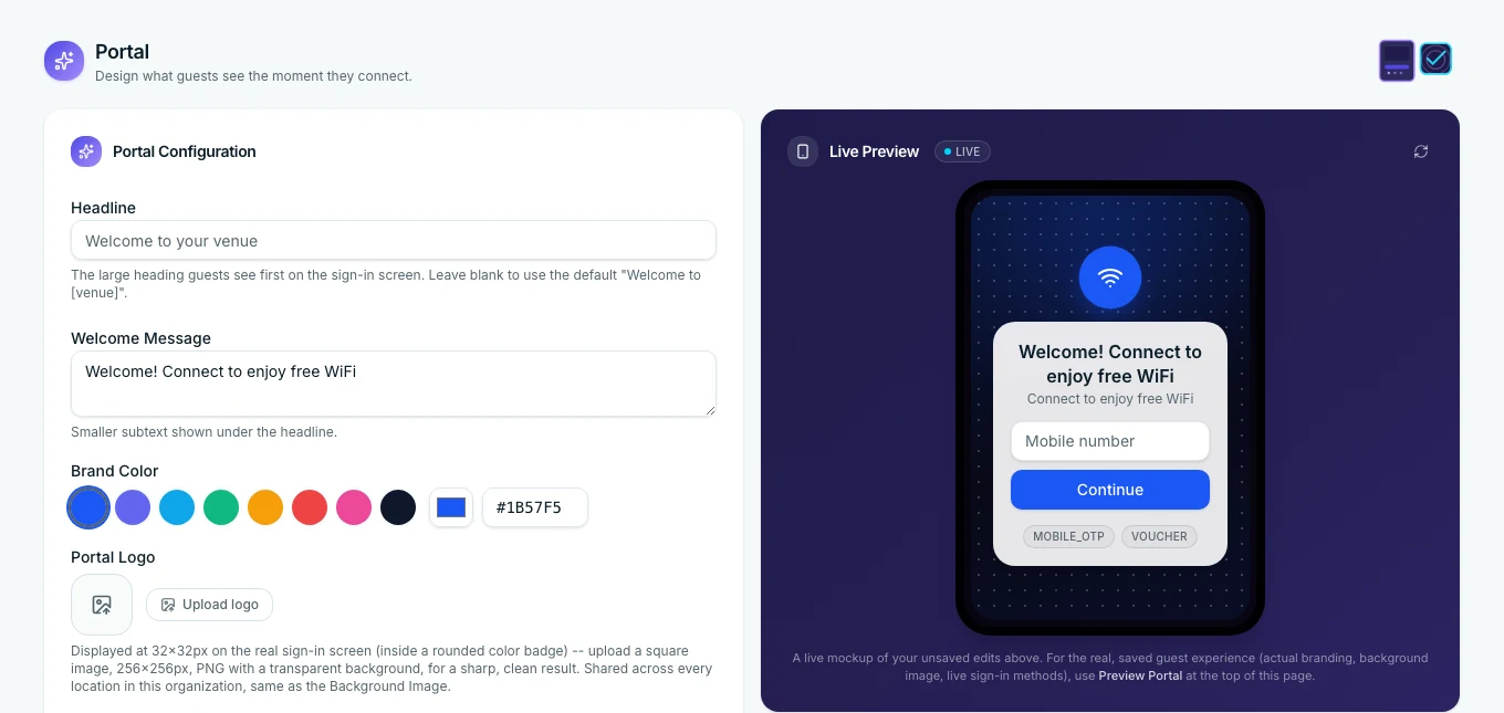 Wyfy Guest Portal Configuration screen with headline, welcome message, and brand color fields next to a live mobile sign-in preview