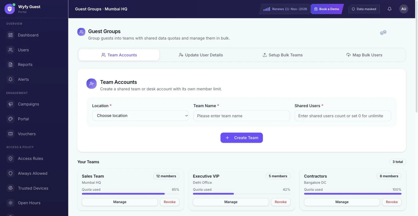 Wyfy Guest Guest Groups screen showing named teams with member counts and shared data quotas