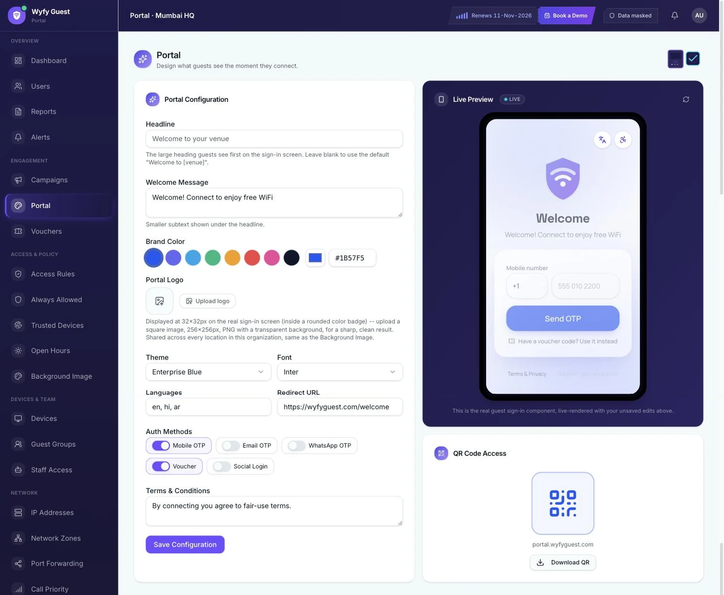 Wyfy Guest Portal configuration screen with headline, welcome message, brand color, logo, sign-in methods, and a live phone preview of the branded guest login screen