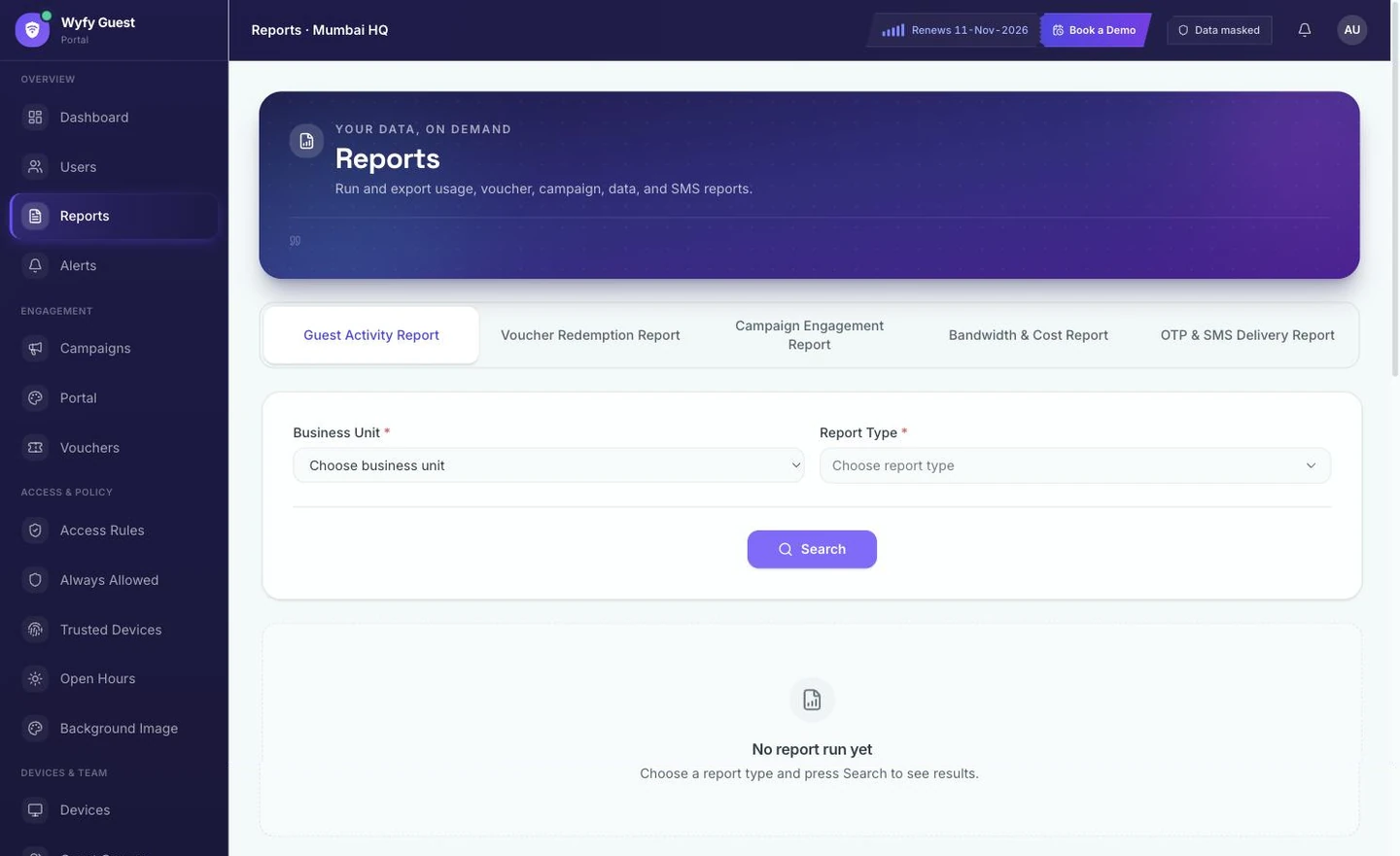 Wyfy Guest Reports screen with tabs for Guest Activity, Voucher Redemption, and Bandwidth & Cost reports