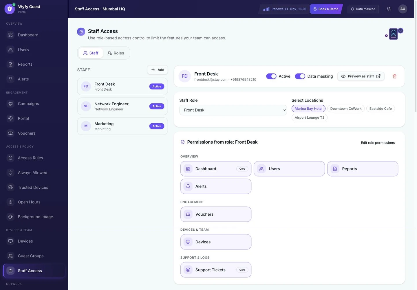 Wyfy Guest Staff Access screen showing a staff member scoped to a role, specific locations, and a data masking toggle