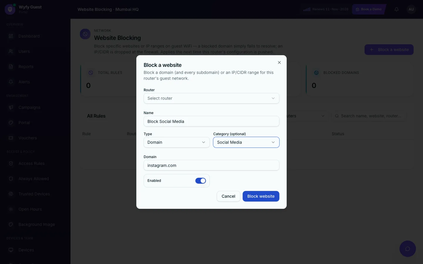 Wyfy Guest Website Blocking form: blocking instagram.com under the Social Media category, domain type, enabled